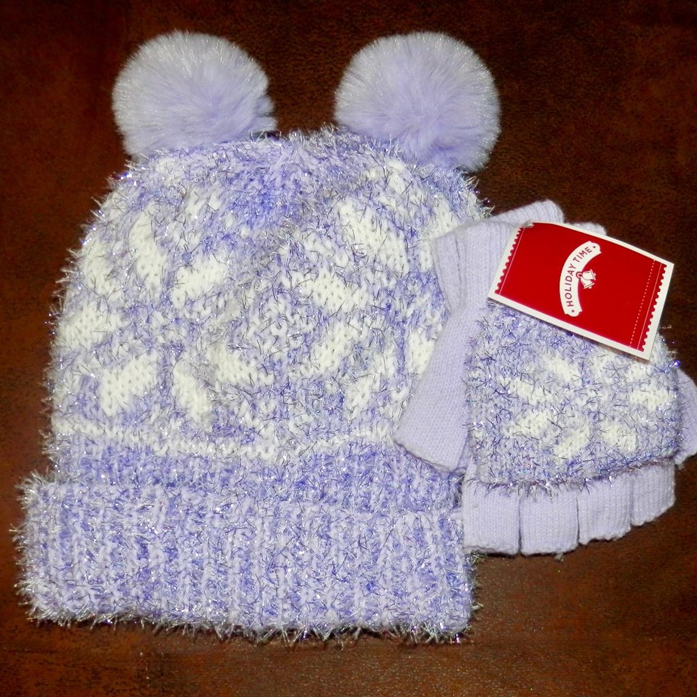 HOLIDAY TIME GIRLS SNOWFLAKE TINSEL PURPLE HAT AND GLOVE SET * NEW * ONE SIZE *